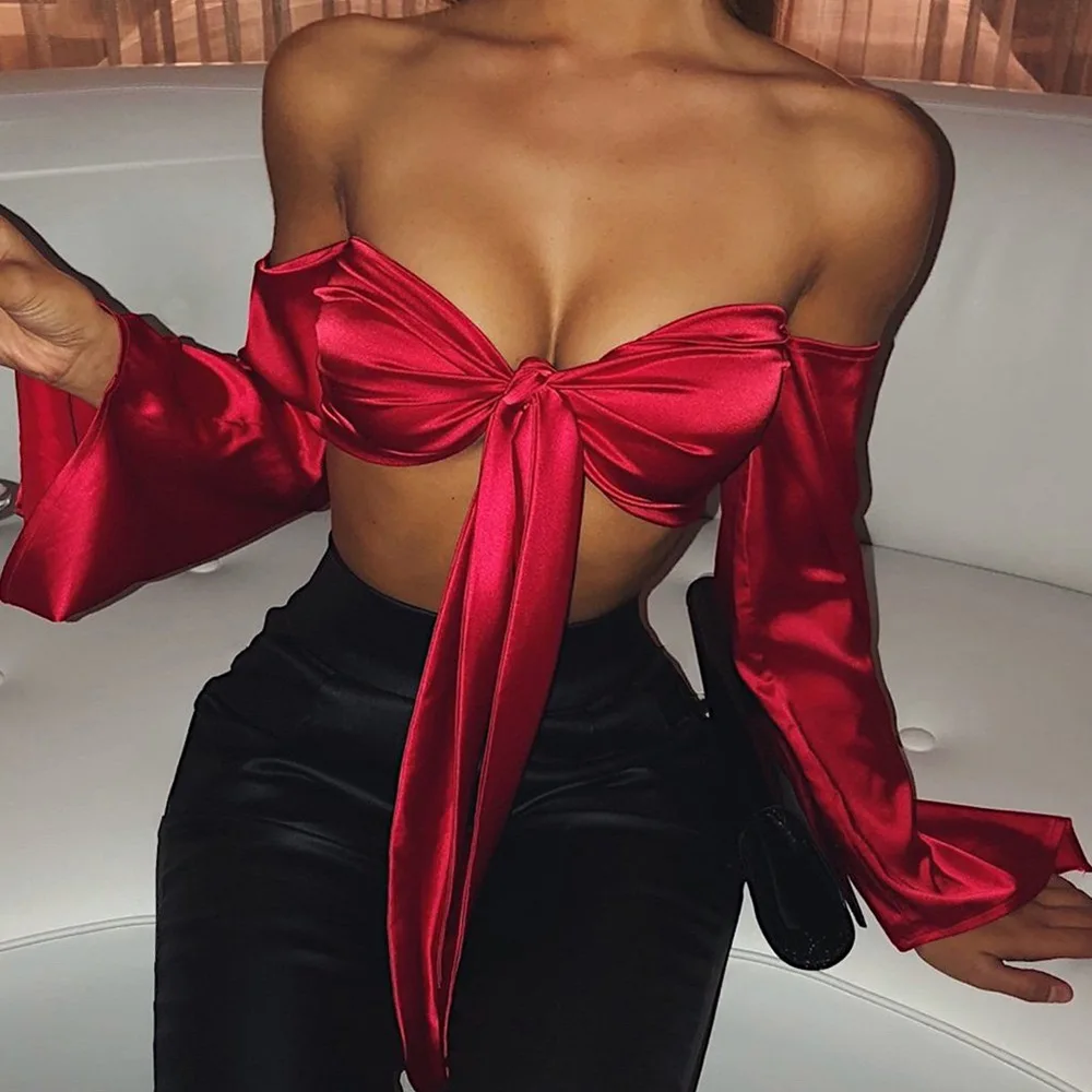 Sexy Silk Satin Crop Top Women Slash Neck Shirts Summer Bow Lace Up Flare Sleeve Tees Cropped Feminino Tops Streetwear 2019 New
Sexy Silk Satin Crop Top Women Slash Neck Shirts Summer Bow Lace Up Flare Sleeve Tees Cropped Feminino Tops Streetwear 2019 New