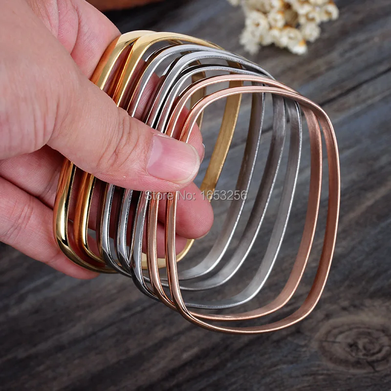 

Best Holiday Gifts 7pcs/set New 100g Stainless Steel 3 Colour Square Cuff Bracelet Bangle Women Bling Jewelry 70*53*5.5mm
