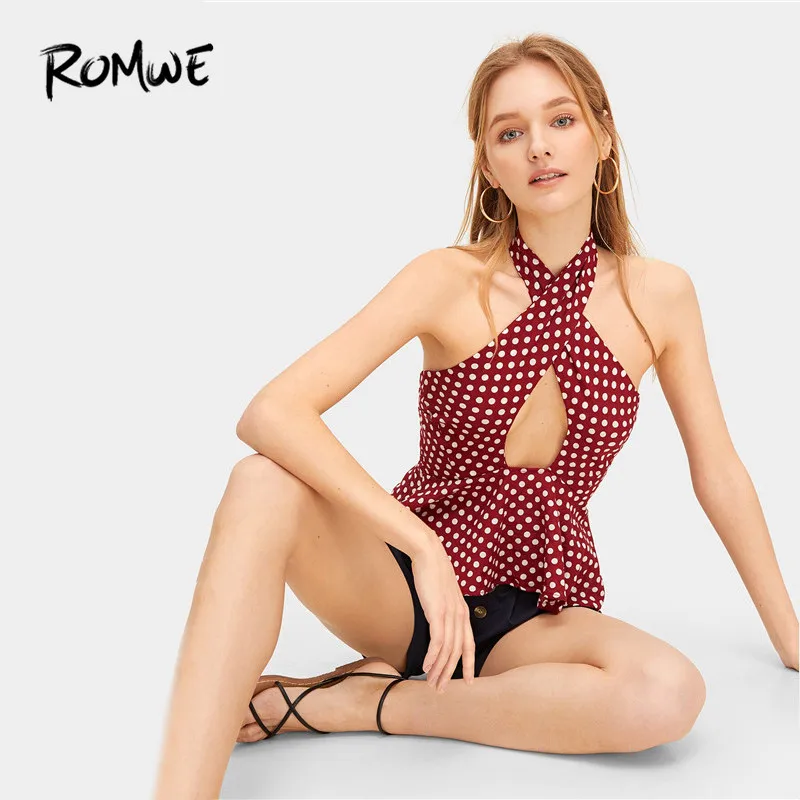 

ROMWE Burgundy Polka Dot Bandeau Peplum Blouses Sexy Cut Out Detail Ruffle Hem Halter Short Blouses Woman Slim Fit Crop Tops