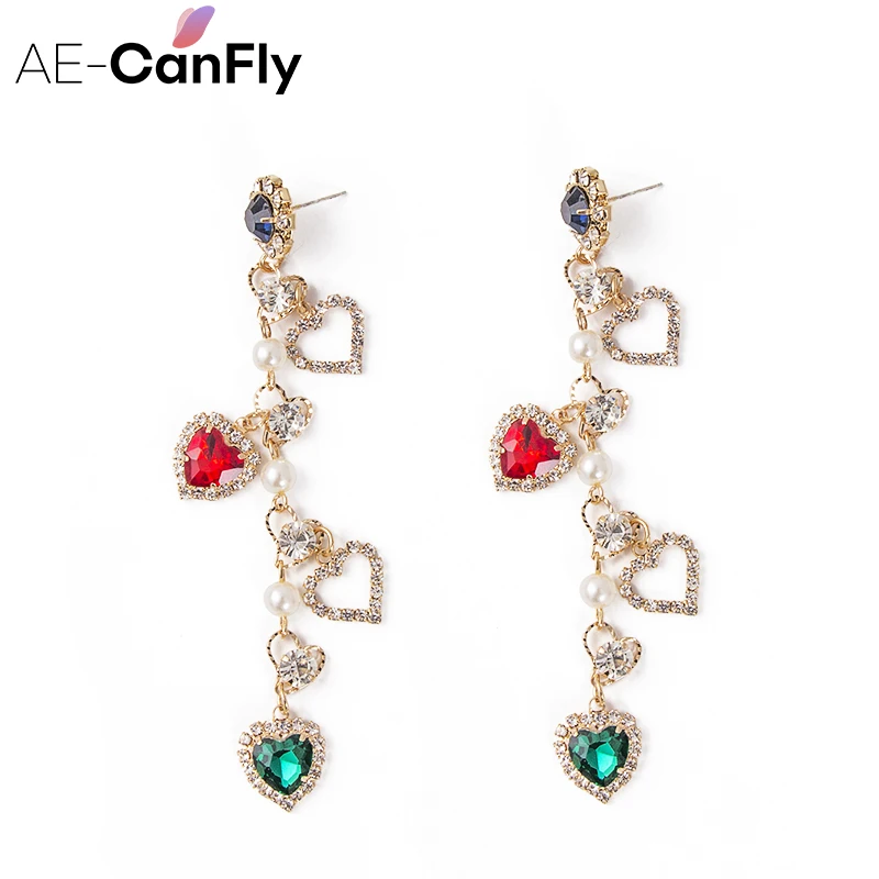 AE-CANFLY Korean Cute Colorful Rhinestone Love Heart Dangle Earrings For Women Girl Simple Shiny Crystal Long Drop Gift | Украшения и