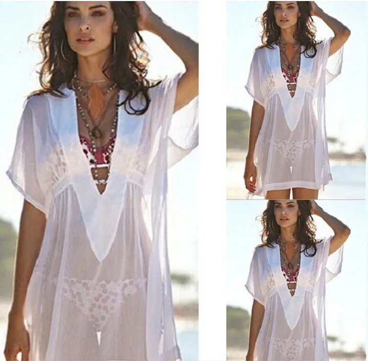 Фото Женская прозрачная пляжная блузка Sexe Mara белая шифоновая с v - купить
