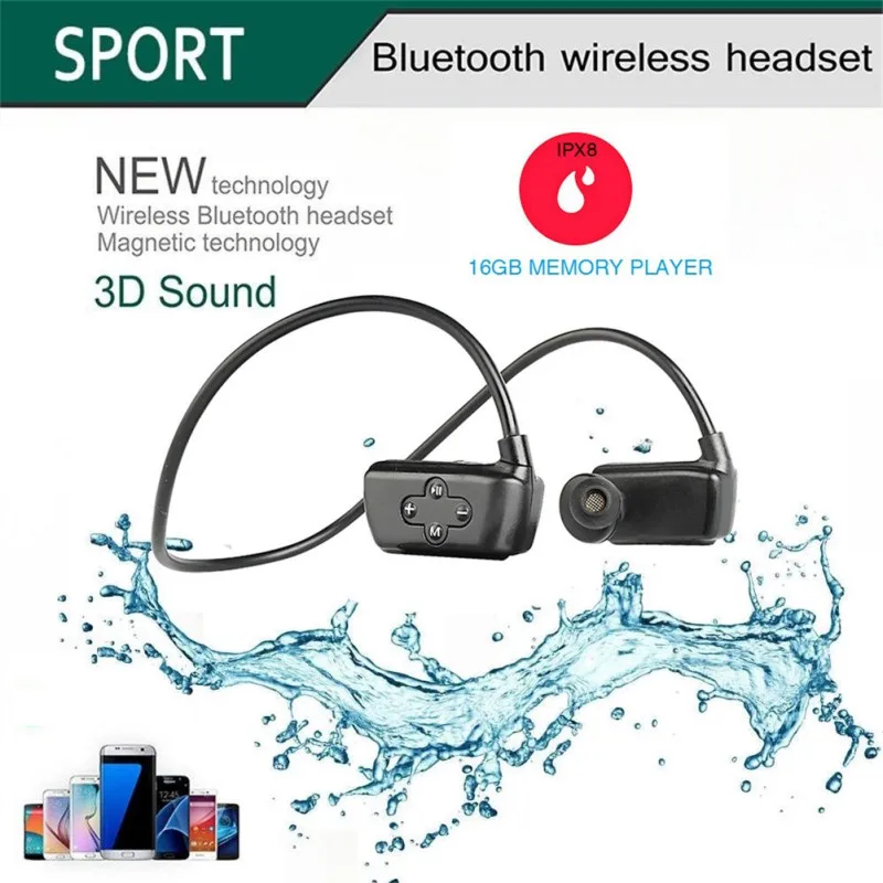IPX8 Waterproof Bluetooth Headphone 16GB Memory Music Player Hands-free Neckband Headset for Sport Swimming
IPX8 Waterproof Bluetooth Headphone 16GB Memory Music Player Hands-free Neckband Headset for Sport Swimming