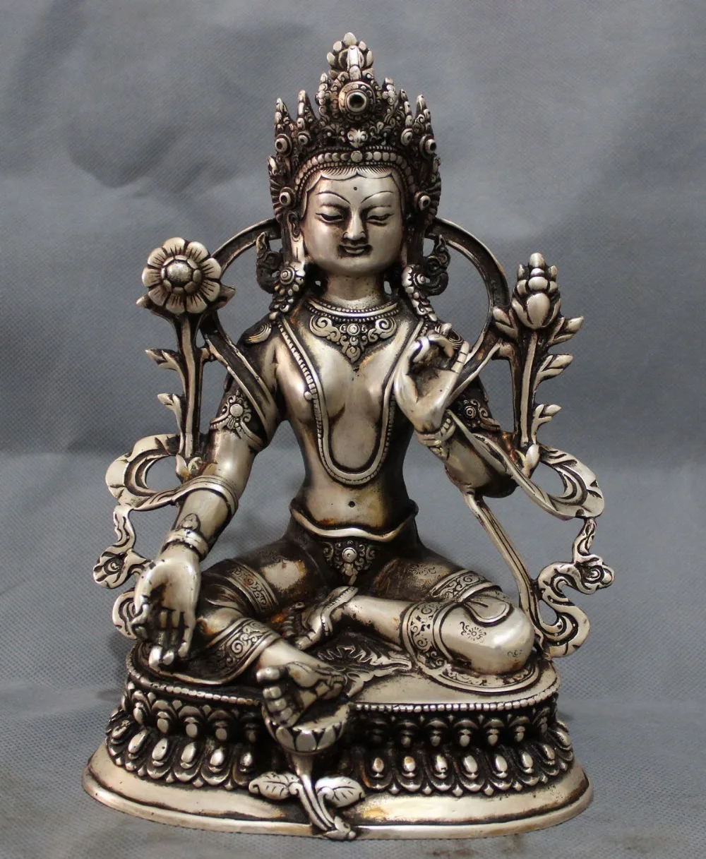 9" Tibet Silver Buddhism Lotus Green Tara Goddess Statue Brass Protect Joss Set
9" Tibet Silver Buddhism Lotus Green Tara Goddess Statue Brass Protect Joss Set
