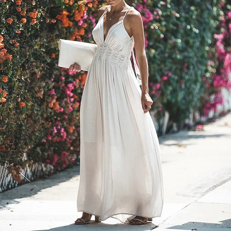 Summer Solid Color Sling Lace Panel Dress Sexy Halter Beach Resort Bohemian Long Dress
Summer Solid Color Sling Lace Panel Dress Sexy Halter Beach Resort Bohemian Long Dress