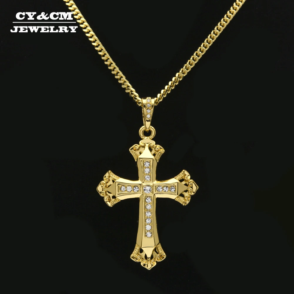 

CY&CM Men Antique Gold Rhodium Plated Cross Pendant Holly Byzantine Cross Crystal Charm Pendant Necklace Women Hip Hop Jewelry