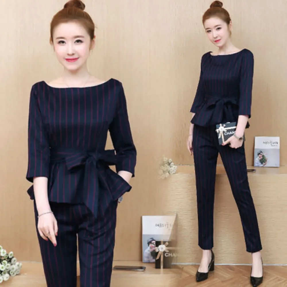 Blue Striped Office Two Piece Set Women Long Sleeve Tops With Belt+pants Trousers Ladies Korean Sets Suits Women's Clothing 2019
Blue Striped Office Two Piece Set Women Long Sleeve Tops With Belt+pants Trousers Ladies Korean Sets Suits Women's Clothing 2019