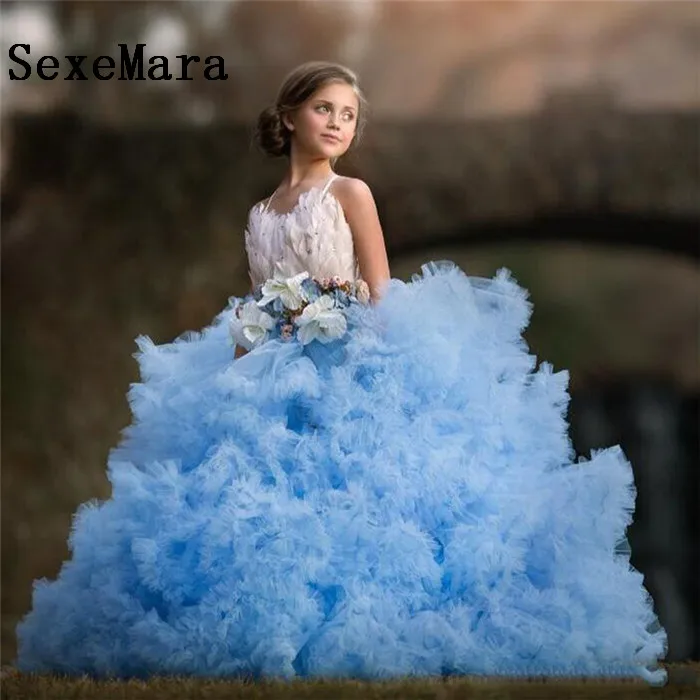 

Ruffles Sky Blue Princess Birthday Gown Puffy Cloud Feather Flower Girls Dresses 1-16 years Evening Pageant Dress Custom Made