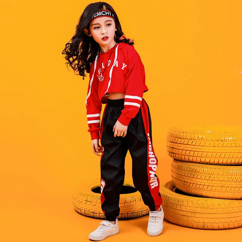 Jazz Dance Costumes Hip Hop Kids Long Sleeve Hooded Top Jogger Pants Girls Hiphop Clothes Street Dance Stage Show Wear (12)