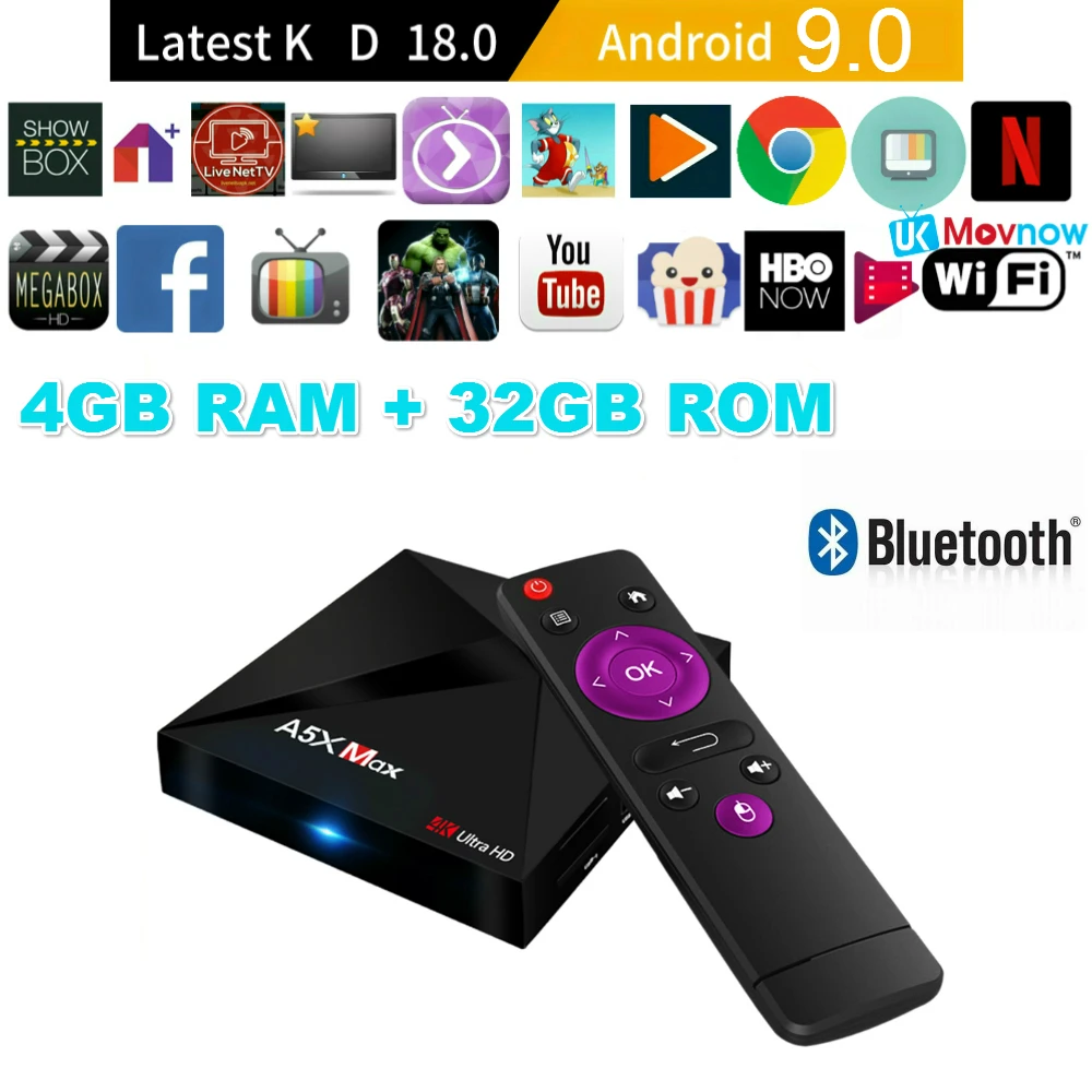 

A5X MAX Android TV BOX Android 9.0 4GB 32GB Rockchip RK3328 Quad core H.265 4K HD 2.4G WiFi Bluetooth 4.0 USB 3.0 Smart TV Box