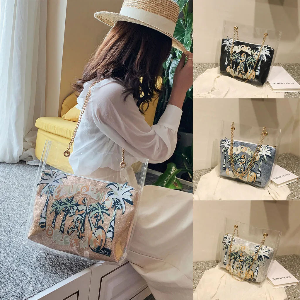 Women PVC clear satchel bag Sequins printed Cartoon transparent waterproof square shoulder chain 2pc beach bag sac de plage
Women PVC clear satchel bag Sequins printed Cartoon transparent waterproof square shoulder chain 2pc beach bag sac de plage