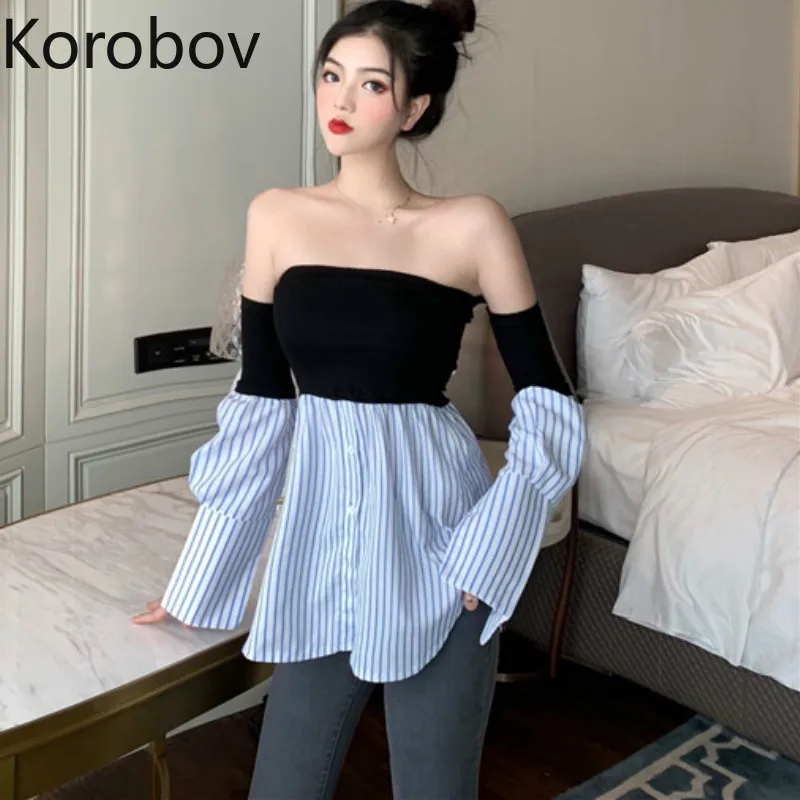 Korobov Sexy Off Shoulder Slash Neck Women Shirts Striped Patchwork Summer Vogue Blouses Long Sleeve Slim Korean Blusas 77844
Korobov Sexy Off Shoulder Slash Neck Women Shirts Striped Patchwork Summer Vogue Blouses Long Sleeve Slim Korean Blusas 77844