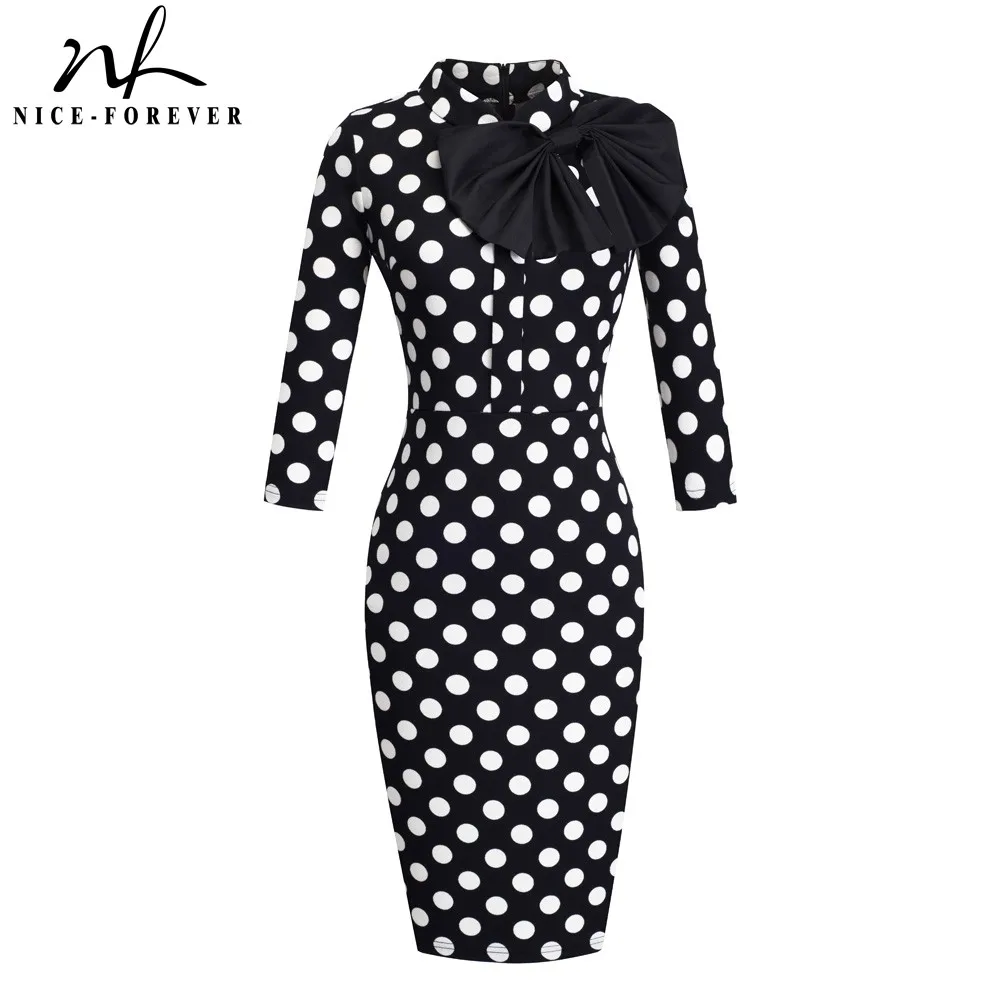 

Nice-forever Vintage Retro Polka Dots with Black Bow Office vestidos Business Work Party Bodycon Women Sheath Female Dress B244