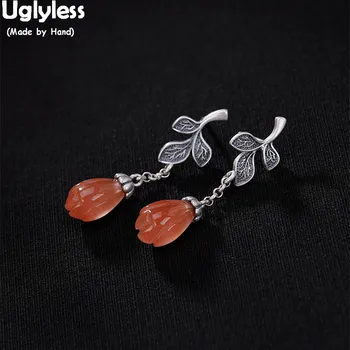 

Uglyless Handmade Leaf Thai Silver Earrings for Women Nature Red Agate Magnolia Flower Earrings Real Solid 925 Silver Fine Jewel