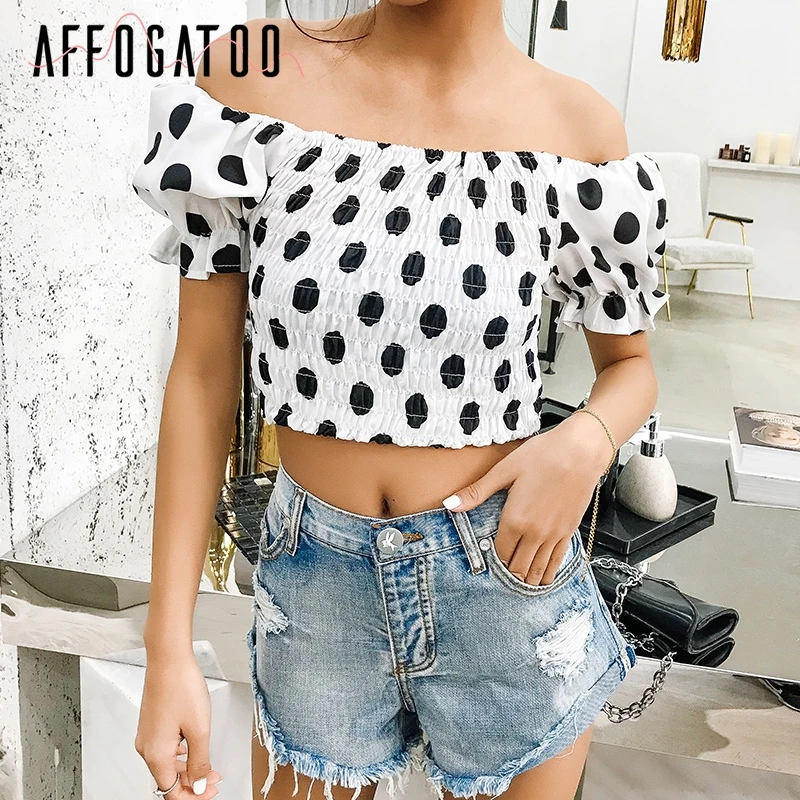 Affogatoo Casual polka dot crop top women Elastic smocking ruched camis top Short puff sleevesummer beach tank camisole female
Affogatoo Casual polka dot crop top women Elastic smocking ruched camis top Short puff sleevesummer beach tank camisole female