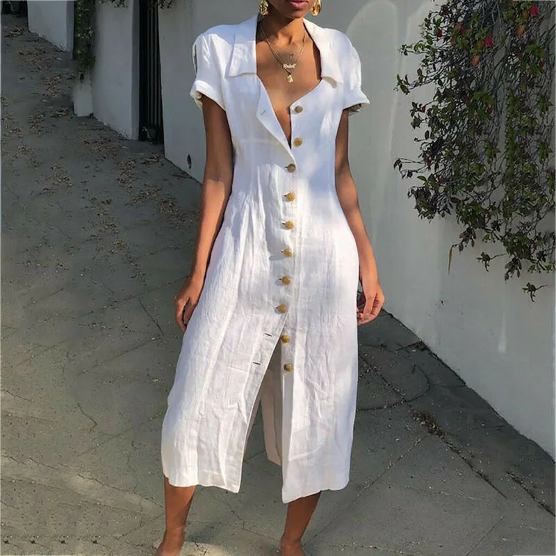 Split Dress Casual Womens Ladies Solid color Beach Party Evening Lapel collar Short sleeve Button down
Split Dress Casual Womens Ladies Solid color Beach Party Evening Lapel collar Short sleeve Button down