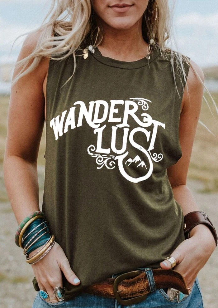 Новые женские майки 2018 летние топы без рукавов футболка с надписью Wanderlust майка