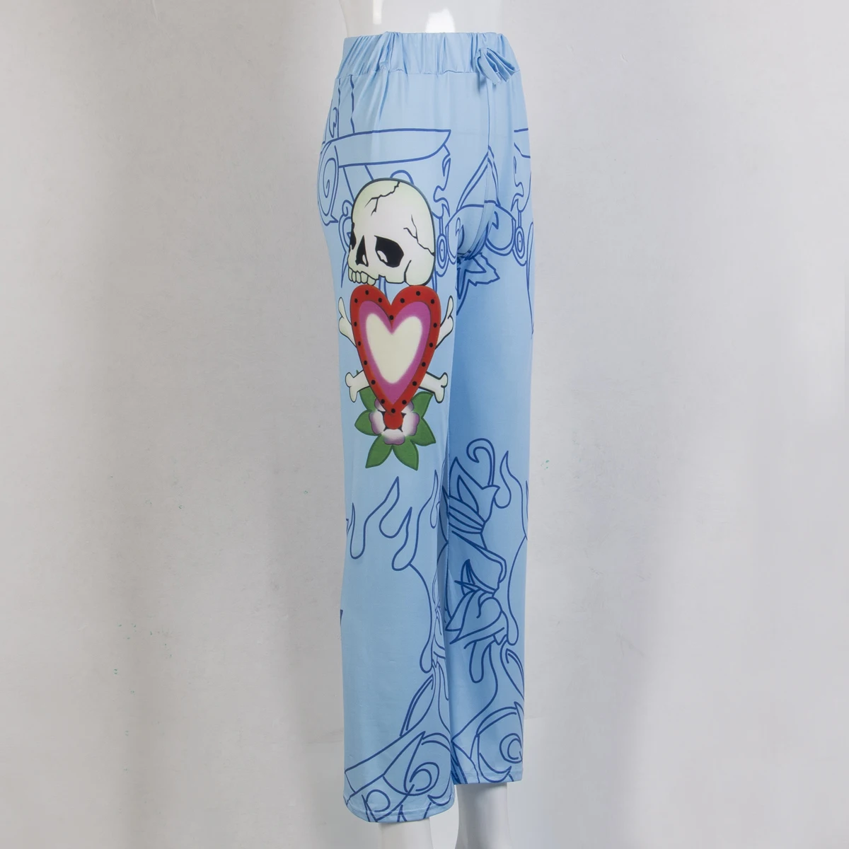 Fashion Women Casual Baggy Skull Rose Printed Pants Slim Hippie Wide Leg Boho Trousers | Женская одежда