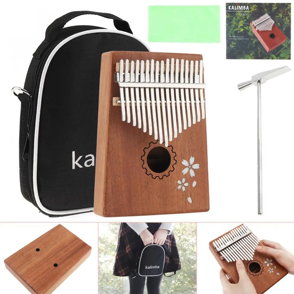 17 Keys Kalimba Single Board Mahogany Sakura Inlay Thumb Piano Set Mbira Mini Keyboard Instrument with Bag | Спорт и развлечения