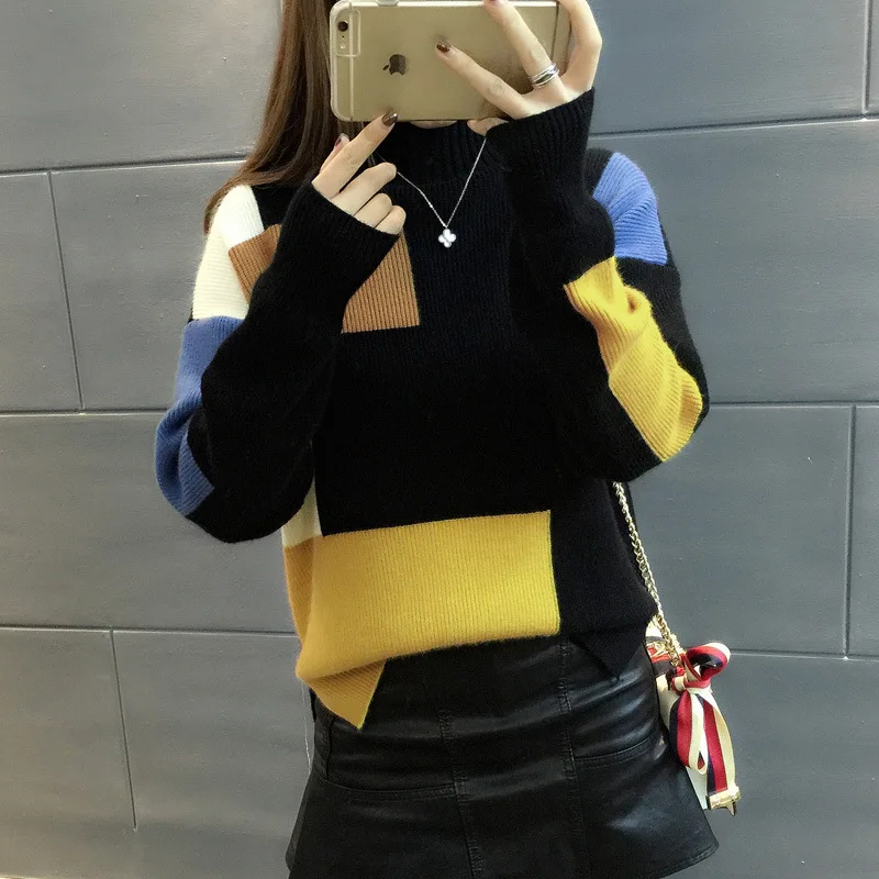 2018 Korean Fashion Women Sweaters and Pullovers Long Sleeve Turtleneck Geometric Patchwork Slim Elastic Women Tops
2018 Korean Fashion Women Sweaters and Pullovers Long Sleeve Turtleneck Geometric Patchwork Slim Elastic Women Tops