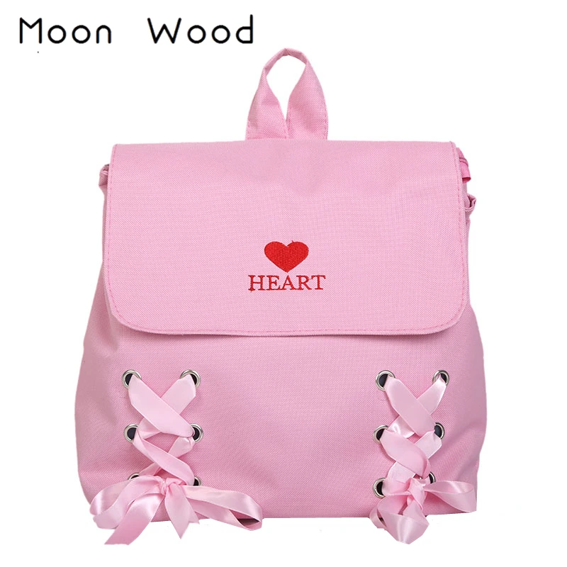 Женский рюкзак Moon Wood розовый дорожный с лентами и сердечками школьная сумка для