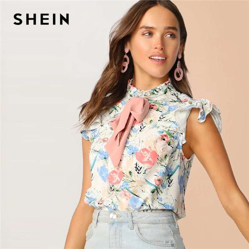 

SHEIN Cute Multicolor Tie Frilled Neckline Floral Print Top Blouse Women Summer Ruffle Cap Sleeve Elegant Tops and Blouses