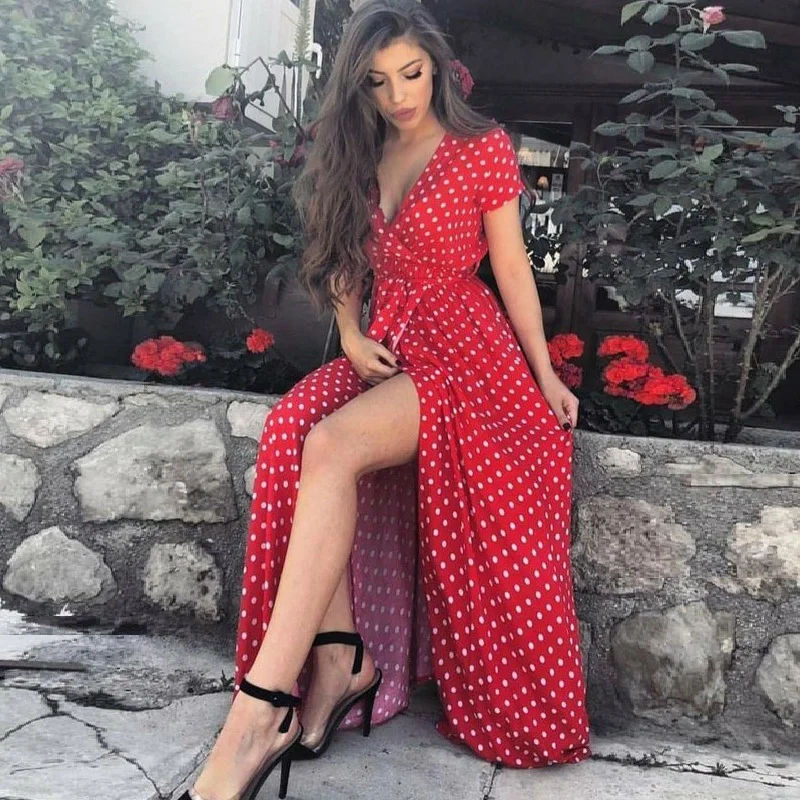 Women Boho Polka Dot Summer Beach Long Dress Evening Party V-Neck High Waist Split Maxi Dresses Vintage Chic Femme Vestidos
Women Boho Polka Dot Summer Beach Long Dress Evening Party V-Neck High Waist Split Maxi Dresses Vintage Chic Femme Vestidos