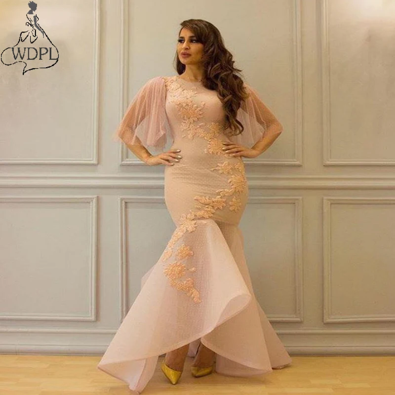 Elegant Women Long Mermaid Blush Pink Prom Dresses 2019 Saudi Arabic High Low Evening Dress in Dubai Kaftan Formal Party Gowns155