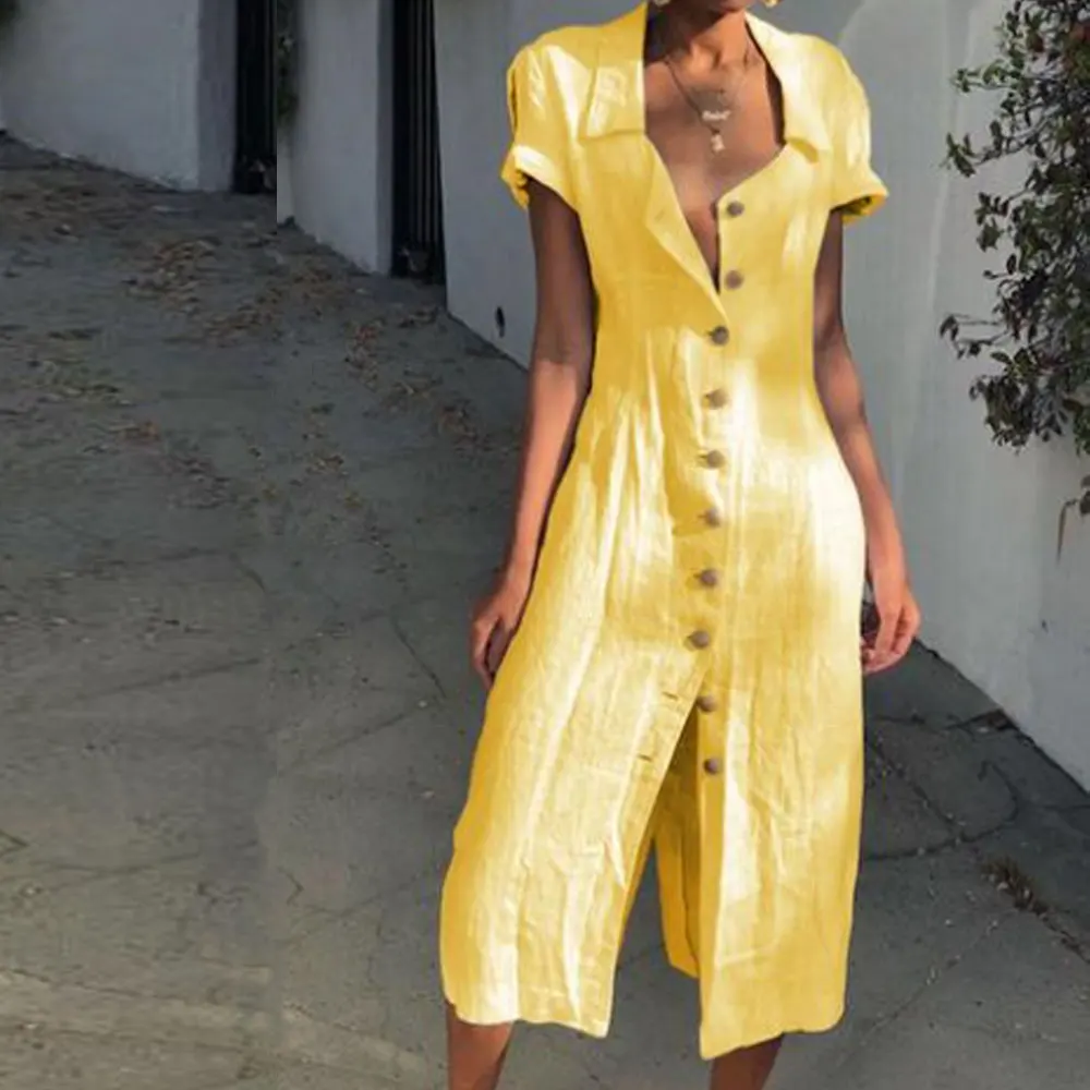 Women Summer Dress Short Sleeve Party Evening Prom Button Loose Long Dress Wide Lapel Plain Shift Dresses Vestidos Robe Femme
Women Summer Dress Short Sleeve Party Evening Prom Button Loose Long Dress Wide Lapel Plain Shift Dresses Vestidos Robe Femme