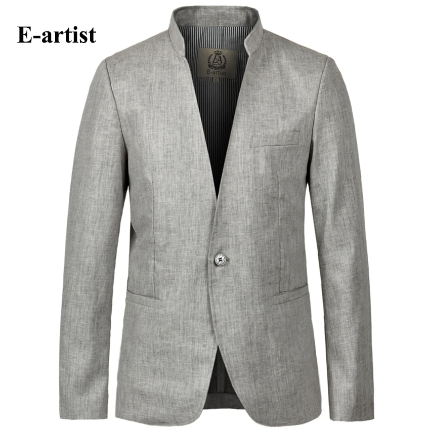 Image E artist Blazer Men Mandarin Collar Slim Fit Casual Thin Suit Jackets Coats Linen Spring Autumn Blue Grey S 5XL Plus Size X05