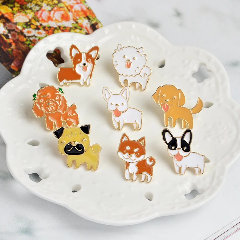 

8styles Little Dog Enamel Brooch Shiba Pomeranin Corgi Bulldog Pug Labrador Pins Clothes bag cap Badge Cartoon animal Jewelry