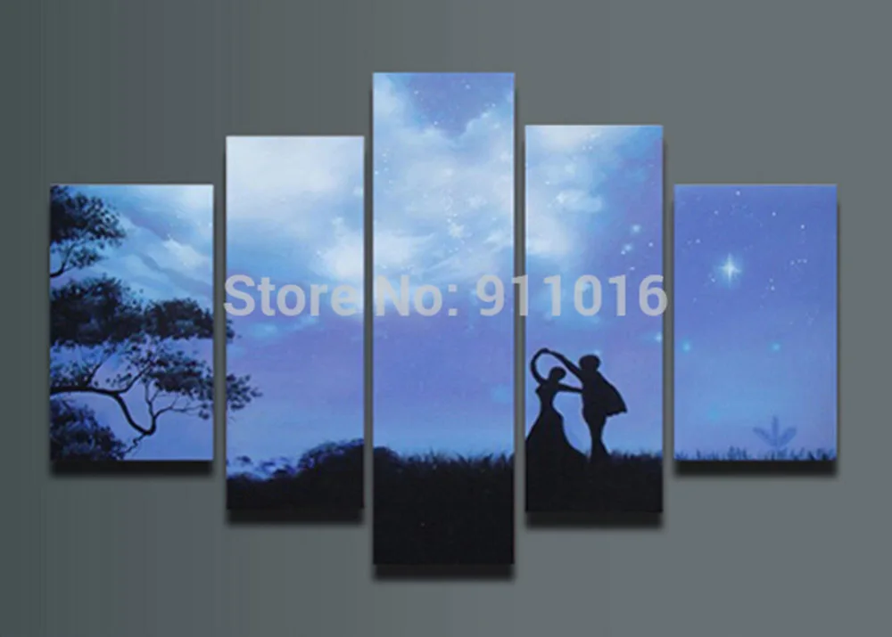 

Handmade 5P Landscape Oil Paintings On Canvas Wall Art Romance Lover Scenery Night Scene Pictures For Living Room Decor