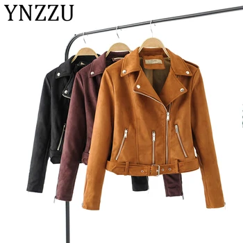 

YNZZU 2019 New Autumn Suede Leather Jacket Women Rivet Zippers Faux Leather Jacket Ladies Biker Jacket Slim Solid Coat A1023