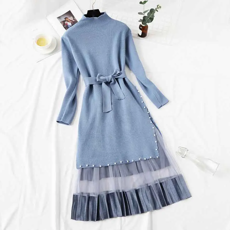 2019 New Autumn Winter Women's Long Sleeve Knit Sweater beading hip knit with Mesh Lace Dress Two Pieces Female Elegant Dress
2019 New Autumn Winter Women's Long Sleeve Knit Sweater beading hip knit with Mesh Lace Dress Two Pieces Female Elegant Dress