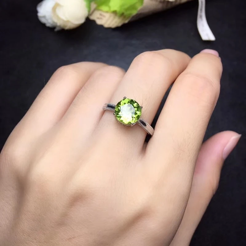 

Fashion elegance round sawtooth Natural green peridot gem Ring S925 Silver Natural olivine Ring girl Women's party gift Jewelry