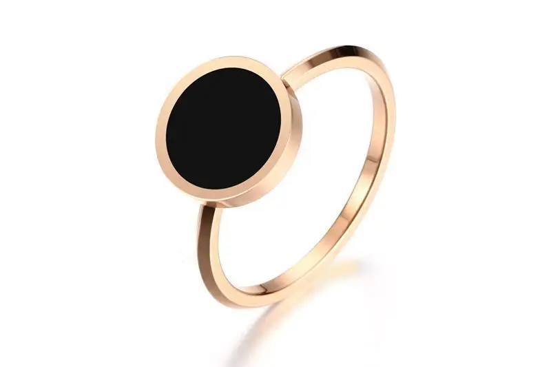 Meaeguet Rose Gold Color Women\`s Simple Rings Stainless Steel Black Stone Finger Ring Fashion Cocktail Jewelry (10)