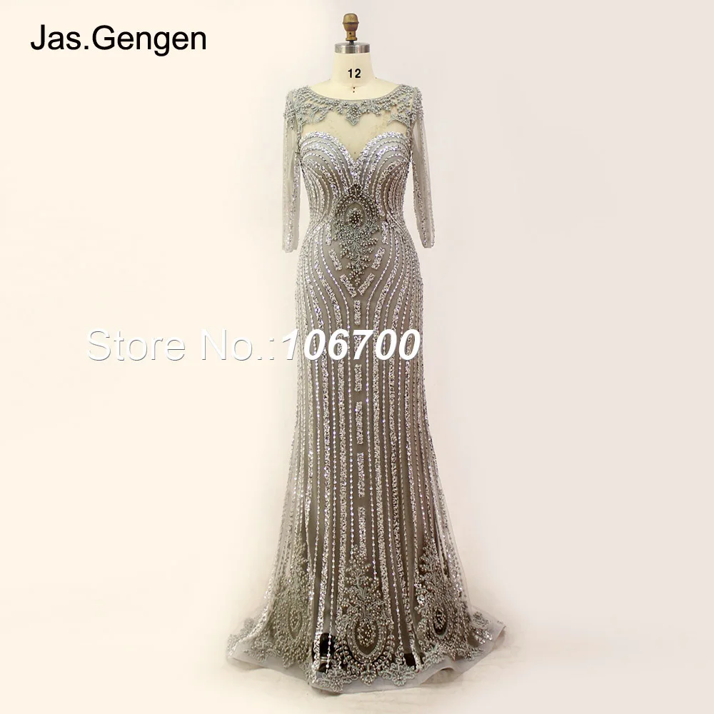 Embroidery Lace Heavy Crystal Beaded Evening Dresses With Three Quarter Sleeve Illusion Back Long Prom 823NA
Embroidery Lace Heavy Crystal Beaded Evening Dresses With Three Quarter Sleeve Illusion Back Long Prom 823NA