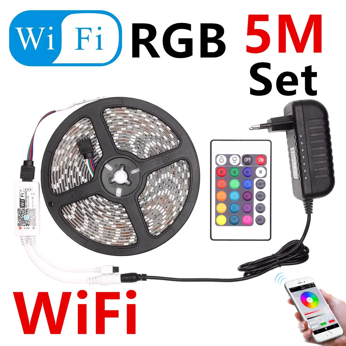 SMD 5050 RGB WIFI LED Strip light Waterproof RGB 10M 5M led ribbon tape Remote WIFI Wireless Controller 12V power adapter Kit
SMD 5050 RGB WIFI LED Strip light Waterproof RGB 10M 5M led ribbon tape Remote WIFI Wireless Controller 12V power adapter Kit