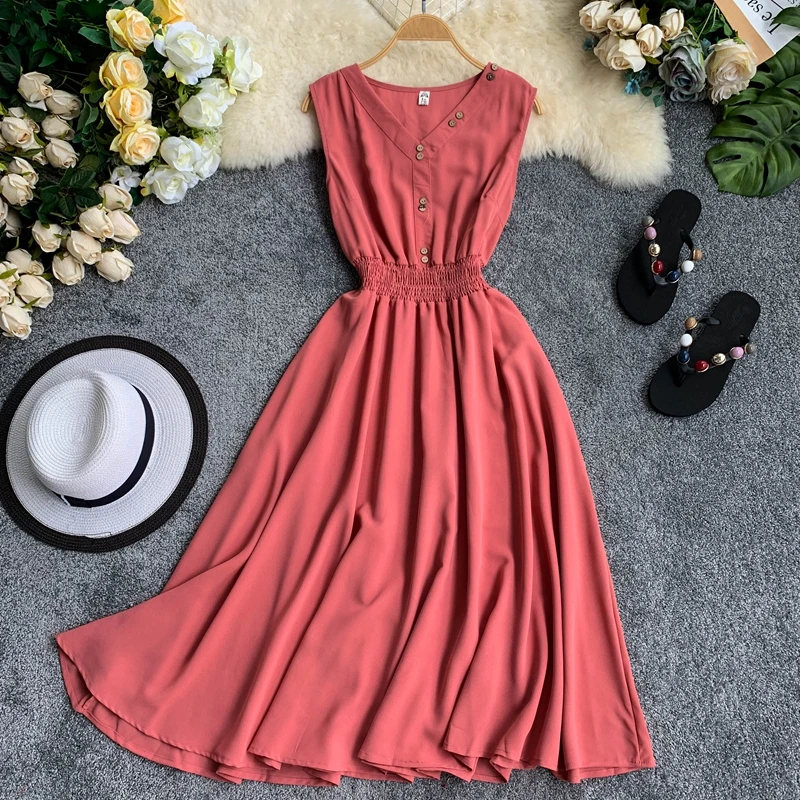 2019 Summer New Dress Buckle Sleeveless High Waist Tight Waist V Neck Simple Pure Color Casual Vestidos F668
2019 Summer New Dress Buckle Sleeveless High Waist Tight Waist V Neck Simple Pure Color Casual Vestidos F668