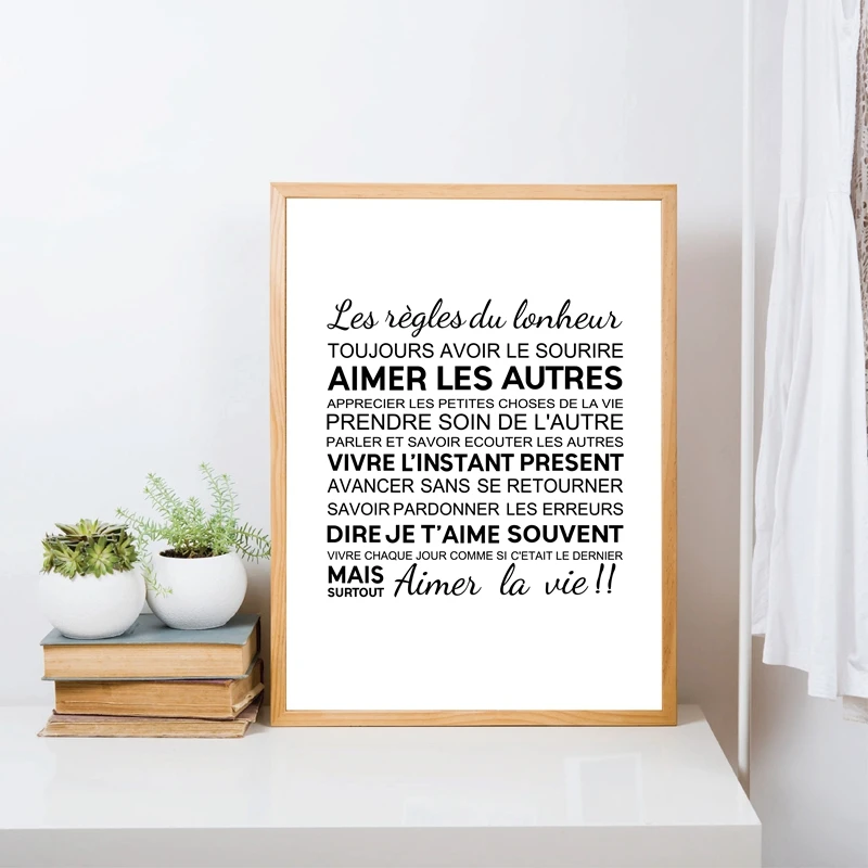 

2 piece Nordic black and white wall print canvas paintings French character Minimalist The Rules of Happiness Quote poster decor