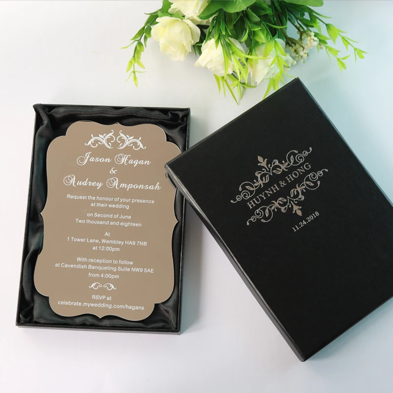 60 set Customized silver mirror acrylic invitation cards with foiled personalized boxes
60 set Customized silver mirror acrylic invitation cards with foiled personalized boxes