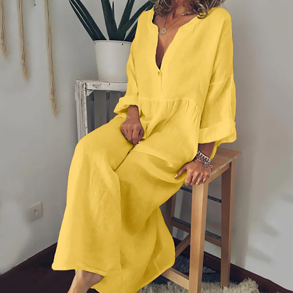 Dress For Women Summer Long Sleeve Linen Long Dress Loose A-line Party Sundress Button Maxi Dress Vestidos d716
Dress For Women Summer Long Sleeve Linen Long Dress Loose A-line Party Sundress Button Maxi Dress Vestidos d716