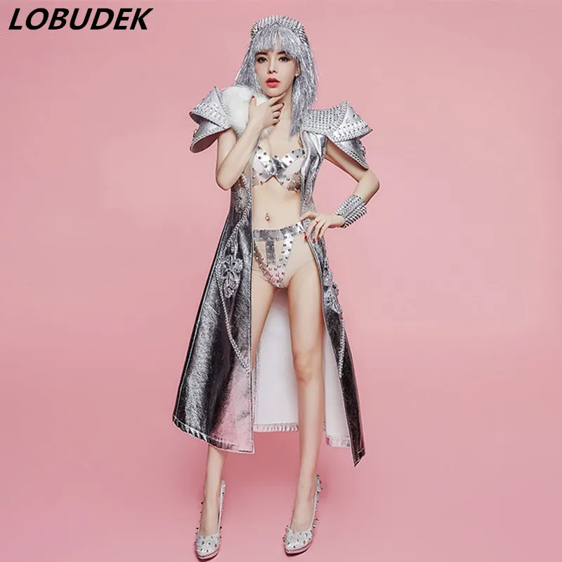 Silver Rivet Long Cloak Stage Outfit Sexy Bikini Set Nightclub Bar Female Singer Stage Costume Star Concert Modern Dance Costume
Silver Rivet Long Cloak Stage Outfit Sexy Bikini Set Nightclub Bar Female Singer Stage Costume Star Concert Modern Dance Costume