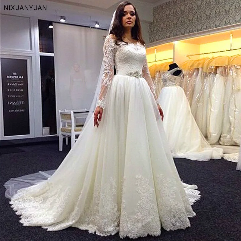 A Line Vestidos De Novia Scoop Appliques White Lace Bride Dress Cheap Long Sleeve Lace Wedding Dresses Sofuge with Beaded Sash
A Line Vestidos De Novia Scoop Appliques White Lace Bride Dress Cheap Long Sleeve Lace Wedding Dresses Sofuge with Beaded Sash