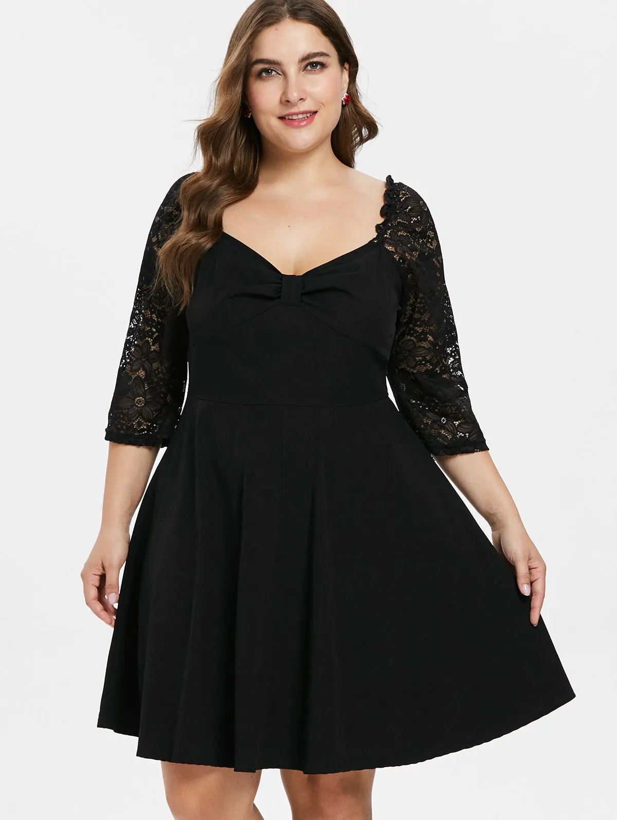 Wipalo Plus Size 5XL Knee Length Lace Panel Ruched Skater Dress Solid Black Three Quarter Sleeve A Line Party Dress Vestidos
Wipalo Plus Size 5XL Knee Length Lace Panel Ruched Skater Dress Solid Black Three Quarter Sleeve A Line Party Dress Vestidos