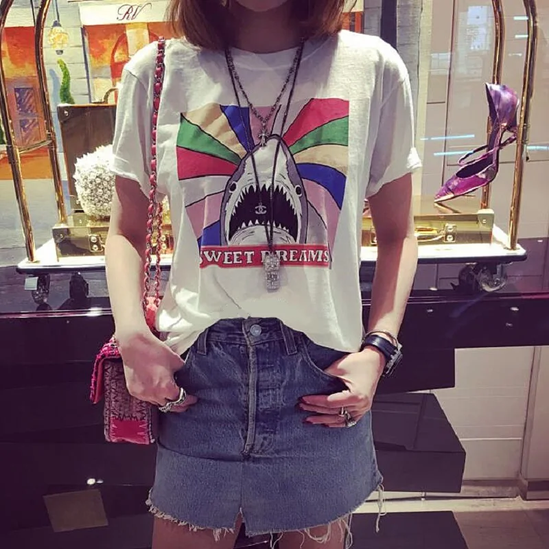 Fashion Shark Printed Cotton T Shirt Women 2018 Summer Short Sleeve Sweet T-Shirt Black Whte Pink Loose Tee Tops Clothing
Fashion Shark Printed Cotton T Shirt Women 2018 Summer Short Sleeve Sweet T-Shirt Black Whte Pink Loose Tee Tops Clothing