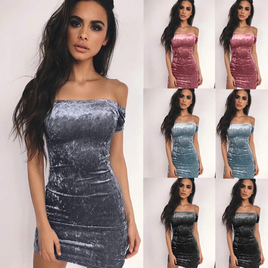  Off Shoulder Velvet Mini Dress