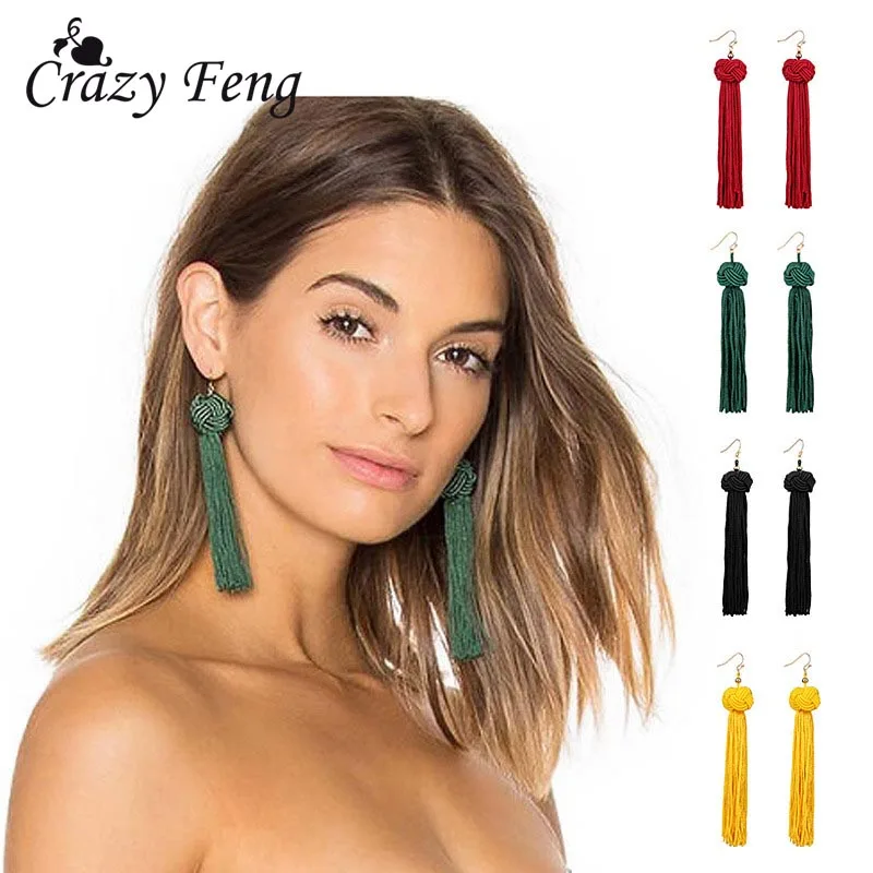 Женские длинные серьги кисточки Crazy Feng черные красные желтые зеленые подвески