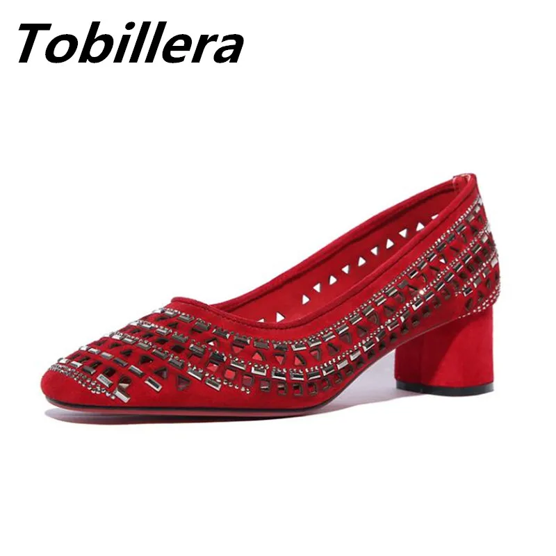 Image Tobillera Fashion Rhinestone Decor Medium Heels Red Black Pumps Suede Leather Round Toe Elegant Ladies Comfortable Slip On Shoes