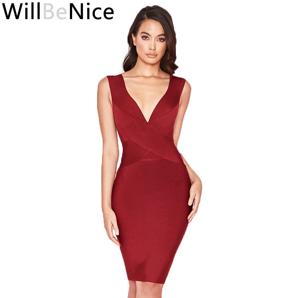 WillBeNice 2018 зимнее Новое поступление винно-красное платье с v-образным вырезом без