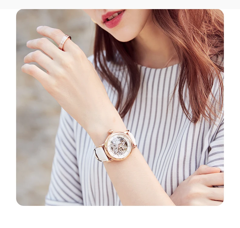 SEKARO Brand Women Mechanical Watches Diamond Ladies hand-winding Wristwatches Leather Fashion Skeleton Dial Gift for Female